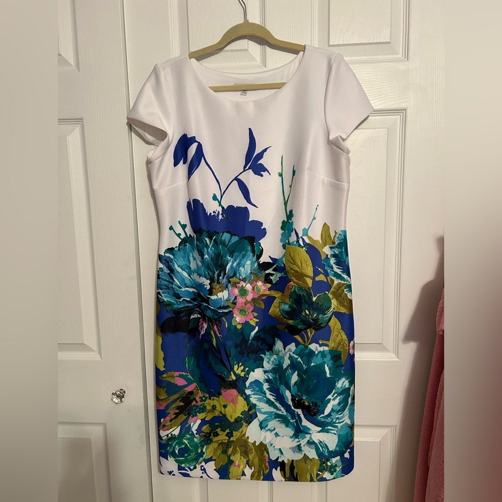 Sandra Darren Size 16 Brilliant Blue, Green & White Short Sleeve Dress